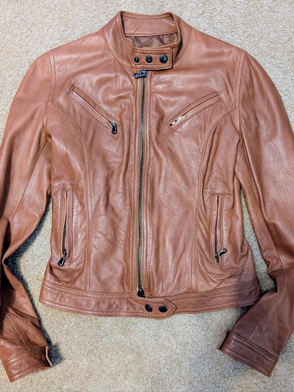 Italian Vera Pelle Moto Leather Jacket, Cognac Tan, Size IT 44 / US S